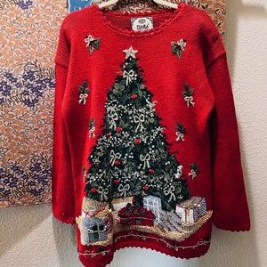 Knitted Embellished Vintage Tiara International ugly Sweater Pearls sz M